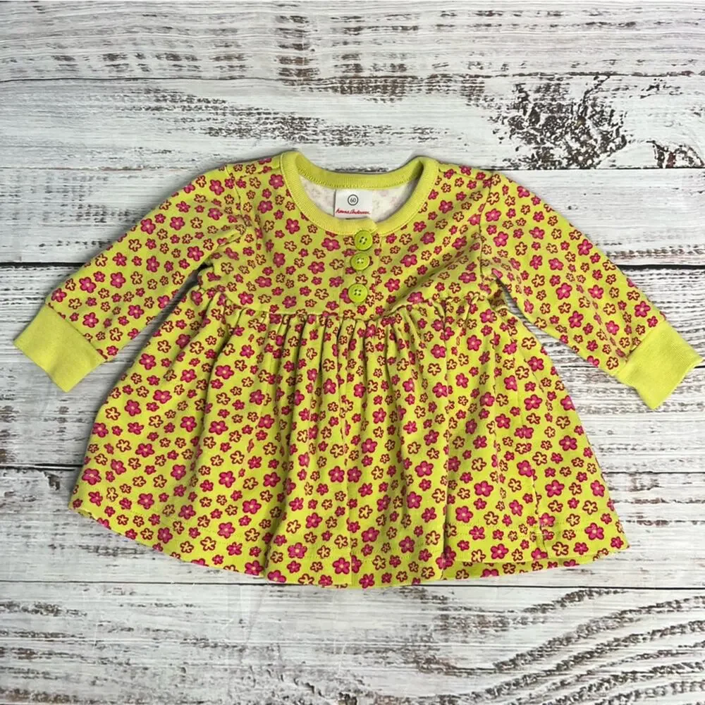 Hanna Andersson‎ 60 3-6 Months Dress Green Pink Floral Disty Floral Long Sleeve